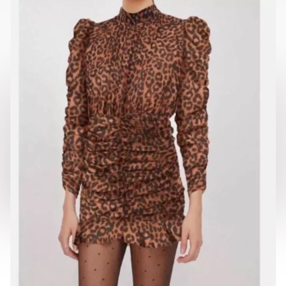 Generation Love Livia Ruched Leopard Puff Sleeve Sheer Top Mini Dress XXS NWT